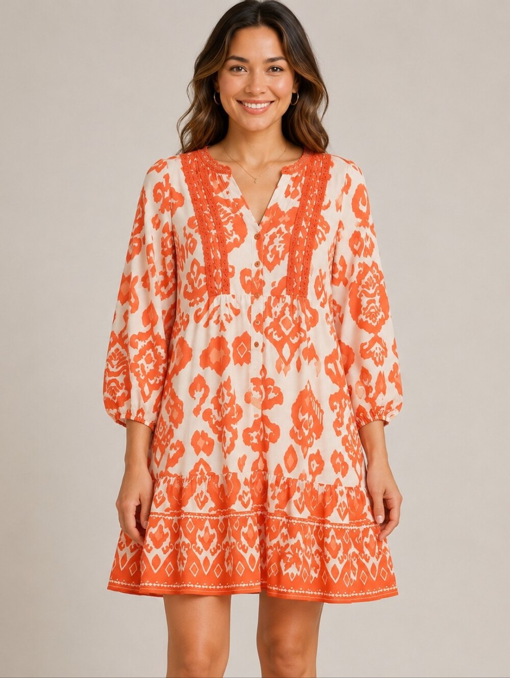 A-230 Salty Lemon Coral & Ivory Boho Print Rayon Dress NWT Medium